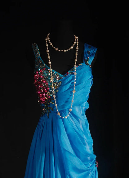 Vintage Prom Dresses 90s Formal A Line V Neck Blue Chiffon With Beadings Long Party Gowns Prom Dresses AS040