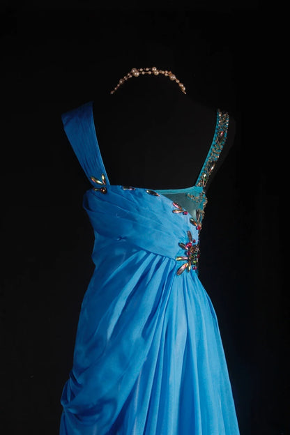 Vintage Prom Dresses 90s Formal A Line V Neck Blue Chiffon With Beadings Long Party Gowns Prom Dresses AS040