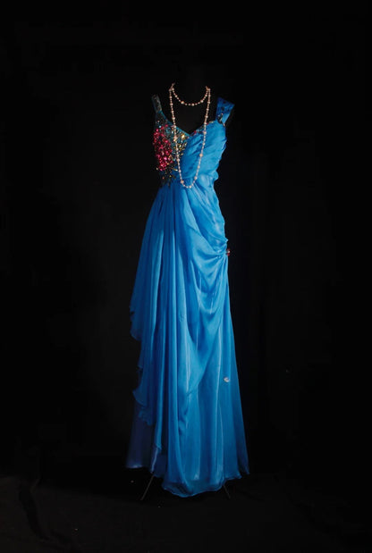 Vintage Prom Dresses 90s Formal A Line V Neck Blue Chiffon With Beadings Long Party Gowns Prom Dresses AS040