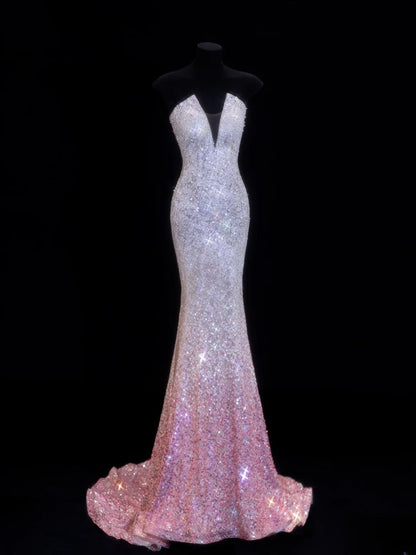 Affordable Sequin 1950s Formal Mermaid Strapless Pink Ombre Sequins With Beads Style Impress Long Prom Dresses Party Gowns SA041