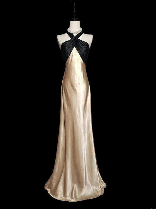 Vintage 1950s Mermaid Halter Champagne Satin With Backless Long Prom Dresses High School Senior Graduation Dance Evening Outfits AS041