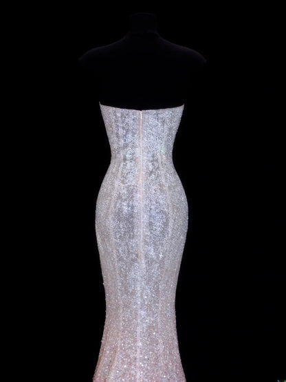 Affordable Sequin 1950s Formal Mermaid Strapless Pink Ombre Sequins With Beads Style Impress Long Prom Dresses Party Gowns SA041