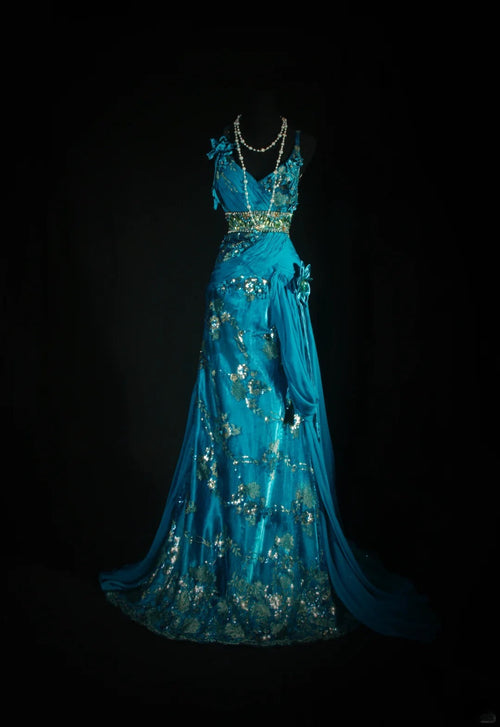 Vintage Prom Dresses 90s Formal Mermaid Spaghetti Straps Blue Chiffon With Beadings Long Party Gowns Prom Dresses AS041