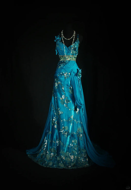 Vintage Prom Dresses 90s Formal Mermaid Spaghetti Straps Blue Chiffon With Beadings Long Party Gowns Prom Dresses AS041