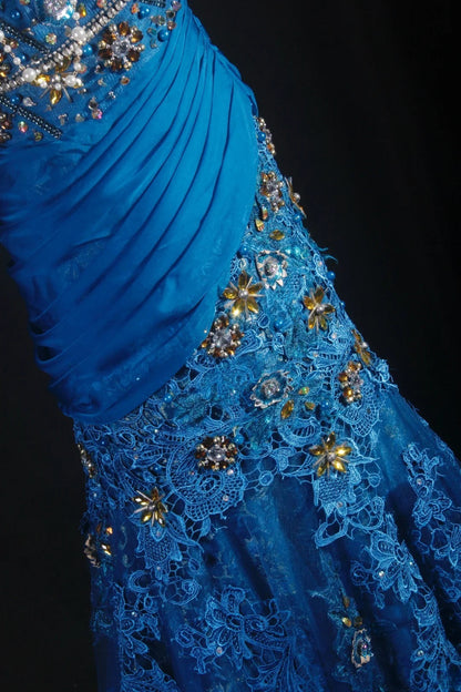 Vintage Prom Dresses 90s Formal Mermaid V Neck Royal Blue Chiffon With Beadings Lace Long Party Gowns Prom Dresses AS042