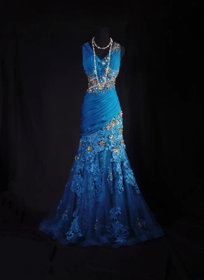 Vintage Prom Dresses 90s Formal Mermaid V Neck Royal Blue Chiffon With Beadings Lace Long Party Gowns Prom Dresses AS042