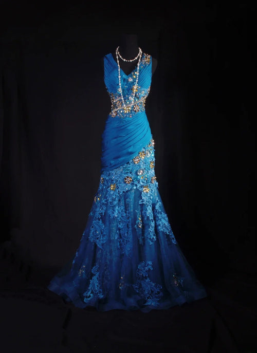 Vintage Prom Dresses 90s Formal Mermaid V Neck Royal Blue Chiffon With Beadings Lace Long Party Gowns Prom Dresses AS042