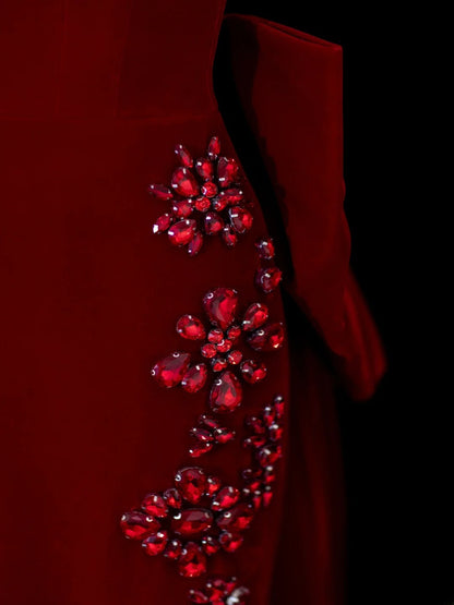 Classic 1950s Formal Mermaid Off The Shoulder Burgundy Velvet With Beads Bow-knot Style Impress Long Prom Dresses Party Gowns SA043