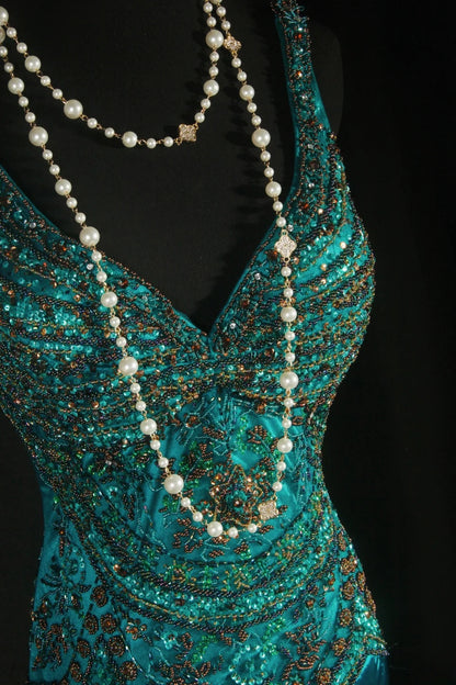 Vintage Prom Dresses 90s Formal Mermaid V Neck Silk Satin With Beadings Long Party Gowns Prom Dresses AS045