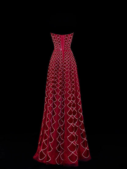 Modest Prom Dress Aesthetic Ball Gowns Strapless Burgundy Velvet Style Impress With Beadings Long Party Formal Gown SA058