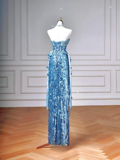 Glitter Sheath Strapless Blue Sequins Long Formal Fancy Prom Evening Dress Dinner Outfits Party Gowns For Teens AQ060