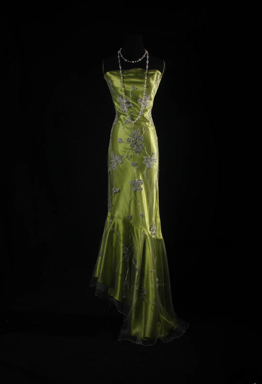 Vintage Mermaid Spaghetti Strap Olive Green Silk Satin 2000s Prom Dress Inspo For Women Girls Formal Party Gowns Lace Formal Dresses AS062