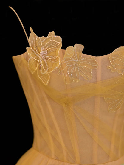 Simple Formal A Line Spaghetti Strap Yellow Tulle Style Impress Long Prom Dresses Party Gowns SA063