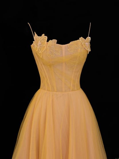Simple Formal A Line Spaghetti Strap Yellow Tulle Style Impress Long Prom Dresses Party Gowns SA063