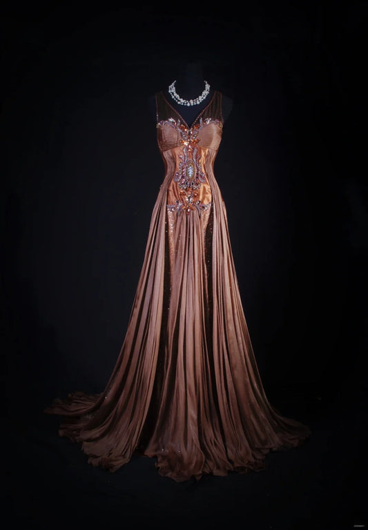 Women's Cocktail Party Gowns 90s Mermaid Brown V Neck Satin With Beads Long Graduation Dinner Outfits Prom Dresses AS064