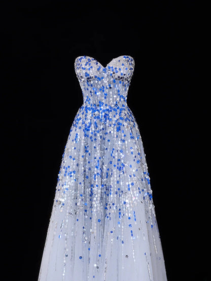 Classy A Line 1950s Formal Sweetheart Blue White Sequins With Beads Style Impress Long Prom Dresses Party Gowns SA067