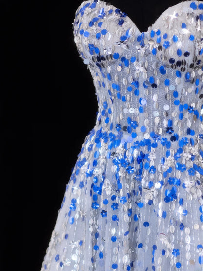 Classy A Line 1950s Formal Sweetheart Blue White Sequins With Beads Style Impress Long Prom Dresses Party Gowns SA067