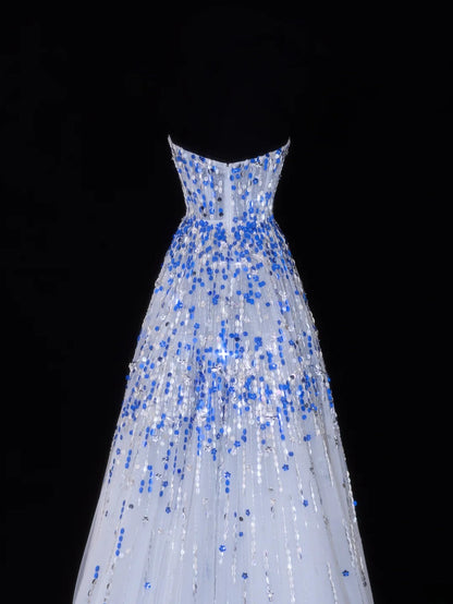Classy A Line 1950s Formal Sweetheart Blue White Sequins With Beads Style Impress Long Prom Dresses Party Gowns SA067