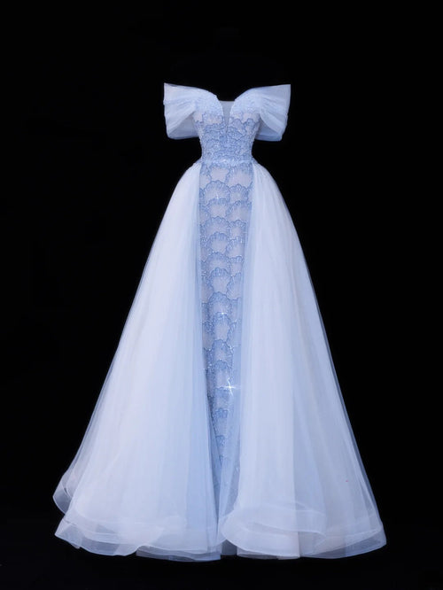 Modest Prom Dress Aesthetic Mermaid Off The Shoulder Blue Tulle Style Impress With Sleeves Long Party Formal Gown SA068
