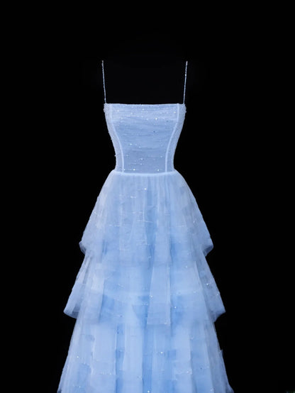 Simple Formal A Line Spaghetti Strap Blue Tulle Style Impress Long Prom Dresses Party Gowns SA070