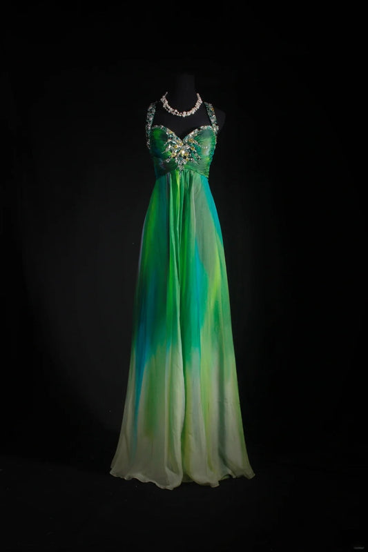 Vintage A Line Halter Green Chiffon Multi Colors Party Dress With Beads 1950s Retro Classy Birthday Dinner Long Prom Dresses AS071