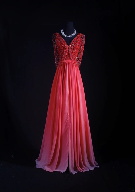 Vintage A line V Neck Chiffon Multi Ombre Pink Colors Party Dress With Beads 1950s Retro Classy Birthday Dinner Long Prom Dresses AS073
