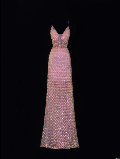 Classy Formal A Line Spaghetti Strap Pink Sequins Style Impress Long Prom Dresses Party Gowns SA076