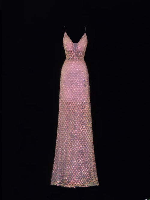 Classy Formal A Line Spaghetti Strap Pink Sequins Style Impress Long Prom Dresses Party Gowns SA076