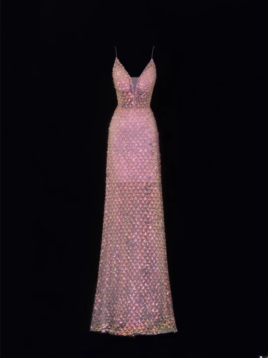 Classy Formal A Line Spaghetti Strap Pink Sequins Style Impress Long Prom Dresses Party Gowns SA076