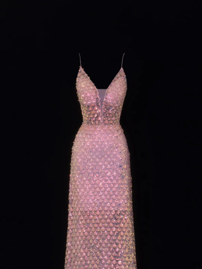 Classy Formal A Line Spaghetti Strap Pink Sequins Style Impress Long Prom Dresses Party Gowns SA076