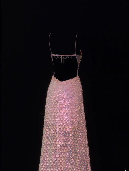 Classy Formal A Line Spaghetti Strap Pink Sequins Style Impress Long Prom Dresses Party Gowns SA076