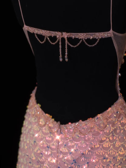 Classy Formal A Line Spaghetti Strap Pink Sequins Style Impress Long Prom Dresses Party Gowns SA076