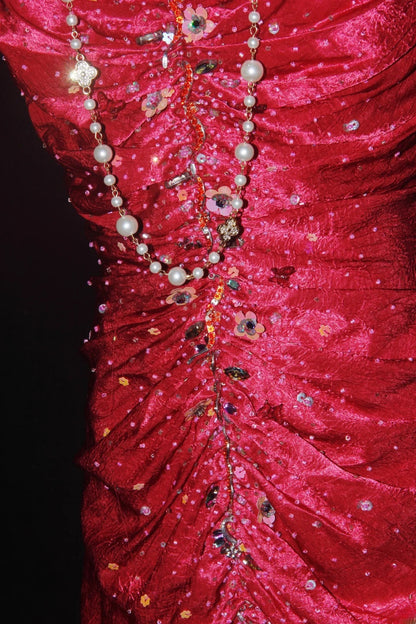 Charming Mermaid Halter Hot Pink Satin Sleeveless Long Prom Dresses Party Formal Gowns AS077