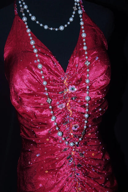 Charming Mermaid Halter Hot Pink Satin Sleeveless Long Prom Dresses Party Formal Gowns AS077