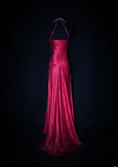 Charming Mermaid Halter Hot Pink Satin Sleeveless Long Prom Dresses Party Formal Gowns AS077