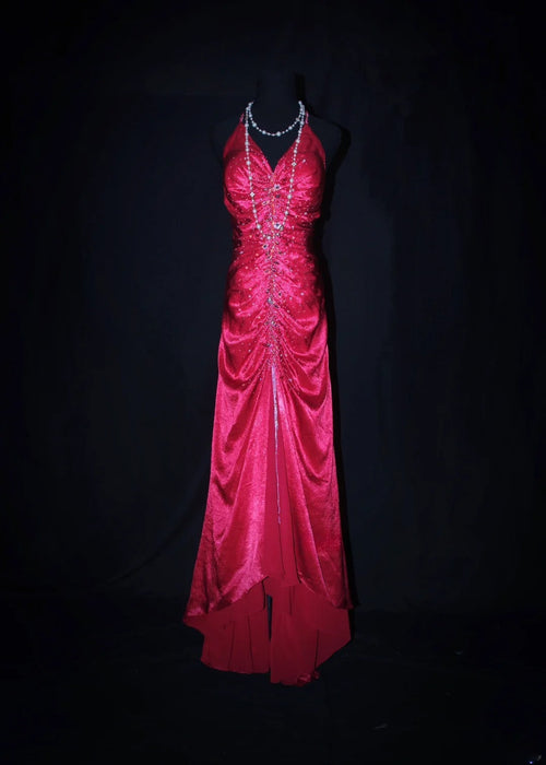 Charming Mermaid Halter Hot Pink Satin Sleeveless Long Prom Dresses Party Formal Gowns AS077