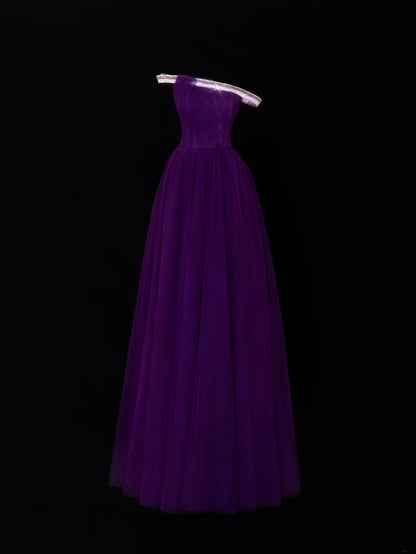 Classy A Line 1950s Formal One Shoulder Purple Tulle With Beads Pleated Style Impress Long Prom Dresses Party Gowns SA081