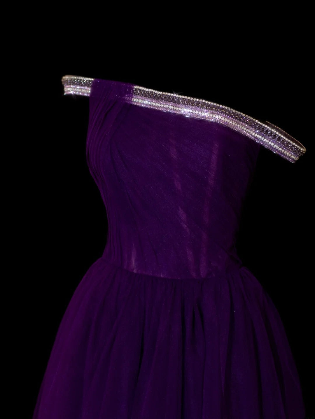 Classy A Line 1950s Formal One Shoulder Purple Tulle With Beads Pleated Style Impress Long Prom Dresses Party Gowns SA081