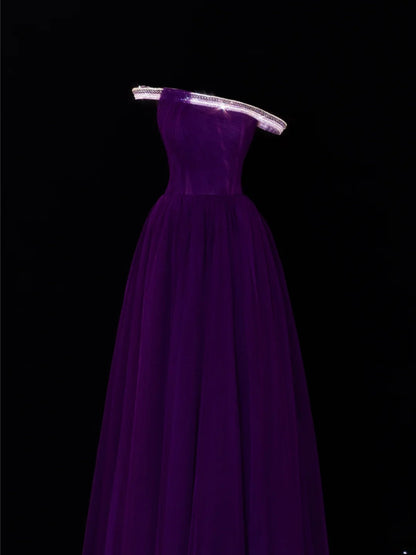 Classy A Line 1950s Formal One Shoulder Purple Tulle With Beads Pleated Style Impress Long Prom Dresses Party Gowns SA081