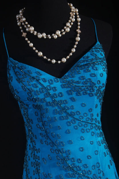 Vintage 1950s Formal Mermaid Spaghetti Strap Royal Blue Chiffon With Beads Sleeveless Long Prom Dresses Party Formal Gowns AS083