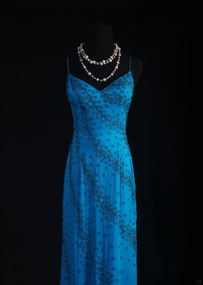 Vintage 1950s Formal Mermaid Spaghetti Strap Royal Blue Chiffon With Beads Sleeveless Long Prom Dresses Party Formal Gowns AS083