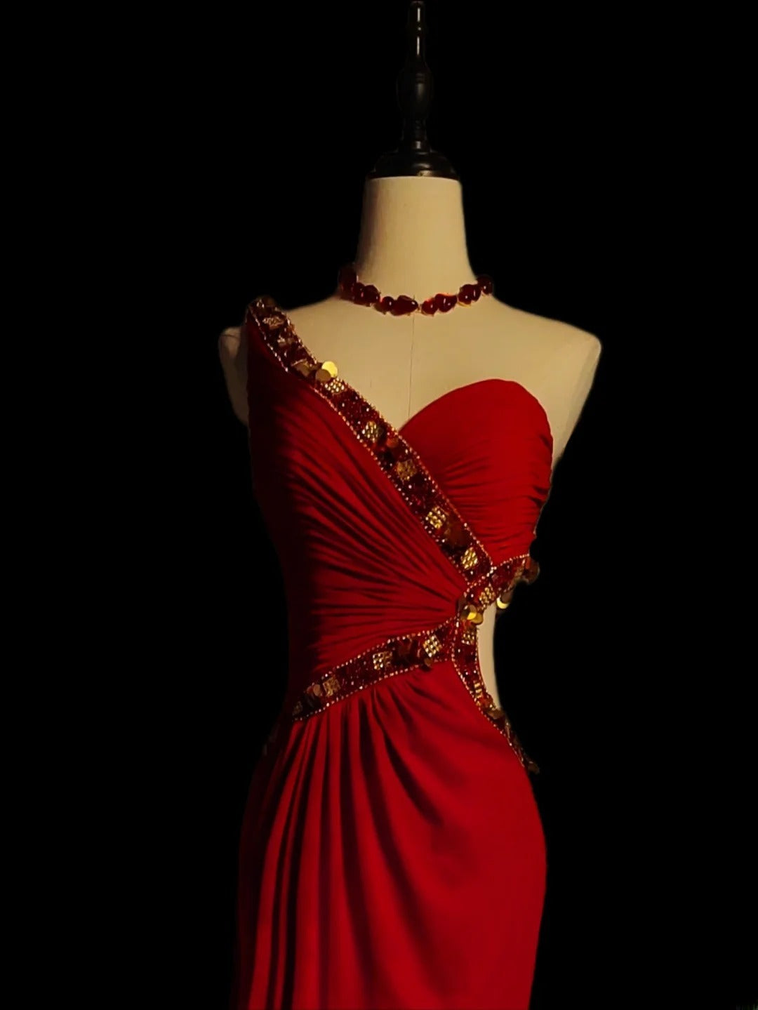 Classic Mermaid One Shoulder Red Chiffon Sleeveless With Beads Long Prom Dresses High School Senior Graduation Dance Evening Outfits AS085
