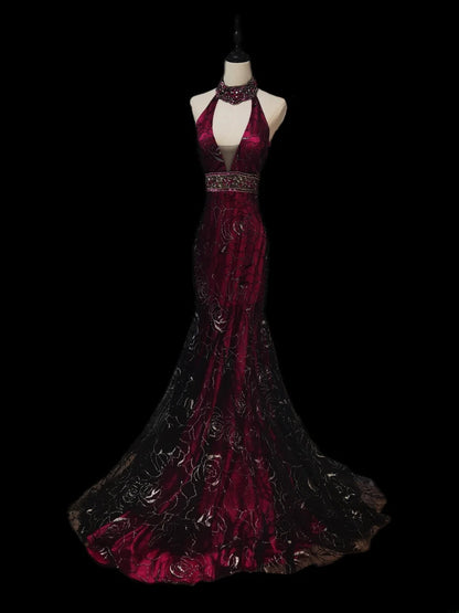 Vintage Mermaid Halter Burgundy Black Lace With Beading Sleeveless Long Prom Dresses High School Senior Graduation Dance Evening Dress AS088