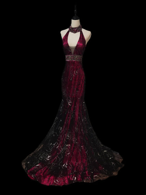 Vintage Mermaid Halter Burgundy Black Lace With Beading Sleeveless Long Prom Dresses High School Senior Graduation Dance Evening Dress AS088