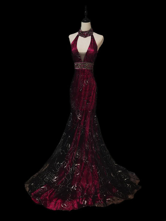 Vintage Mermaid Halter Burgundy Black Lace With Beading Sleeveless Long Prom Dresses High School Senior Graduation Dance Evening Dress AS088