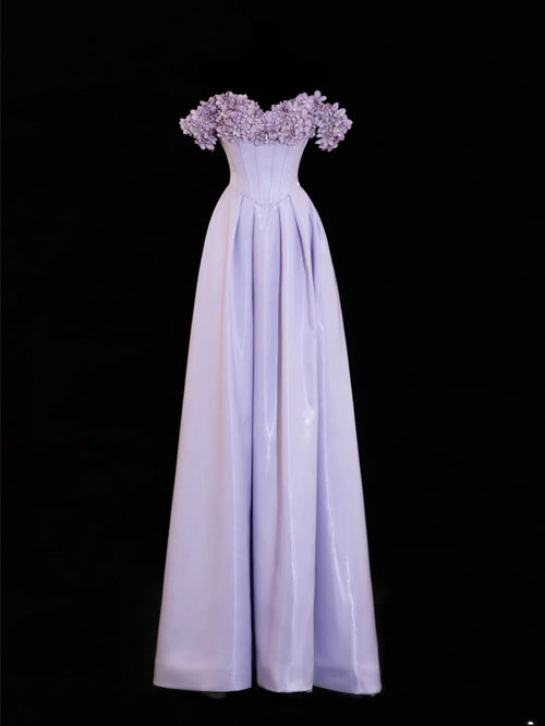 Modest Prom Dresses Aesthetic A Line Off The Shoulder Lilac Inspiration Flowers Style Impress With Sleeves Long Party Formal Gown SA089