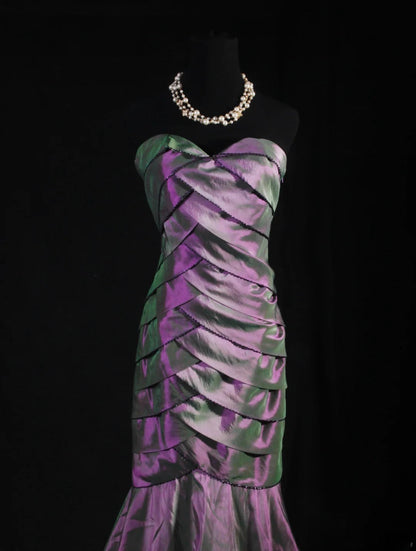 Vintage 80s Formal Mermaid Sweetheart Purple With Pleated Sleeveless Long Prom Dresses Party Formal Gowns AS091