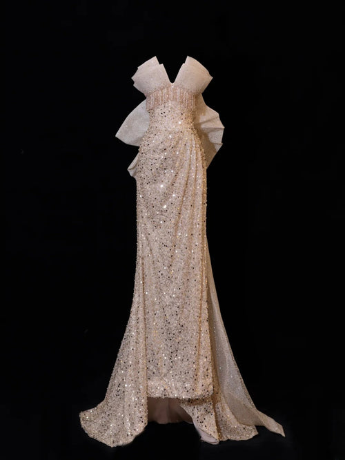 Classy Formal Mermaid Sweetheart Champagne Sequins With Beads Bow-knot Style Impress Long Prom Dresses Party Gowns SA093