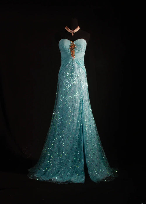 Vintage 80s Formal Mermaid Sweetheart Blue With Pleated Slit Beads Sleeveless Long Prom Dresses Party Formal Gowns AS095