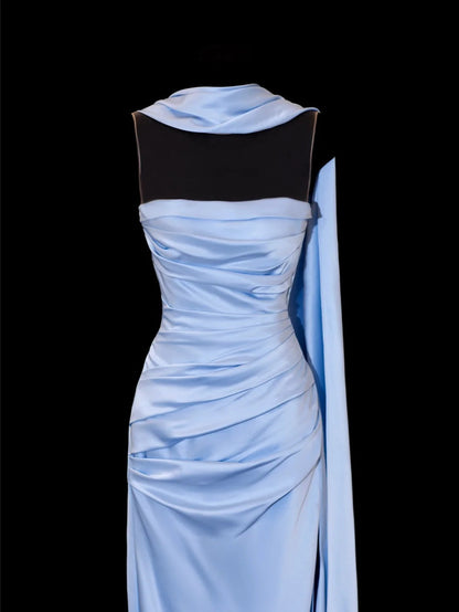 Classy Sheath Spaghetti Strap Light Sky Blue Satin Formal Style Impress Long Prom Dresses Party Gowns SA095
